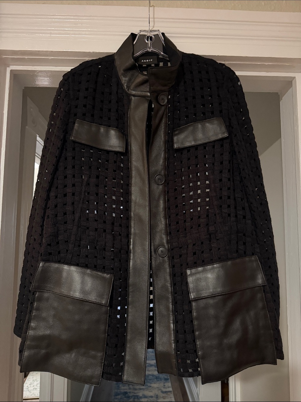 Akris Black Open-Weave Jacket with Leather Trim